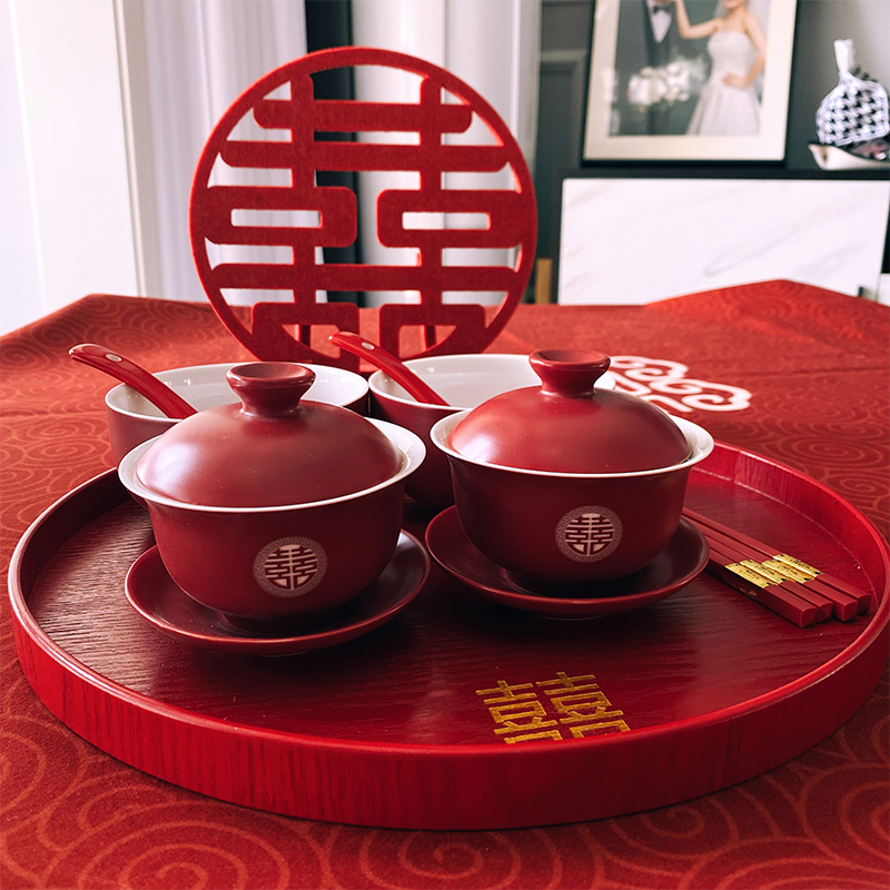 结婚喜碗敬茶碗筷套装茶具改口喜庆红色盖碗一对陶瓷敬酒茶托盘