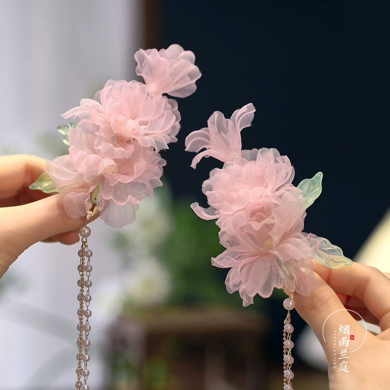 女童古风配饰儿童汉服发饰芍药花发夹绢纱烫花唐风牡丹花宝宝对夹