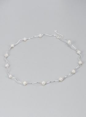 S925纯银弯管波浪珍珠项链韩国INS小众轻奢天然淡水珍珠锁骨链女