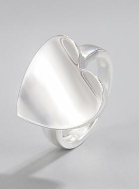 黑凤凰s925纯银重工打造光面爱心戒指日韩简约高级感食指开口指环