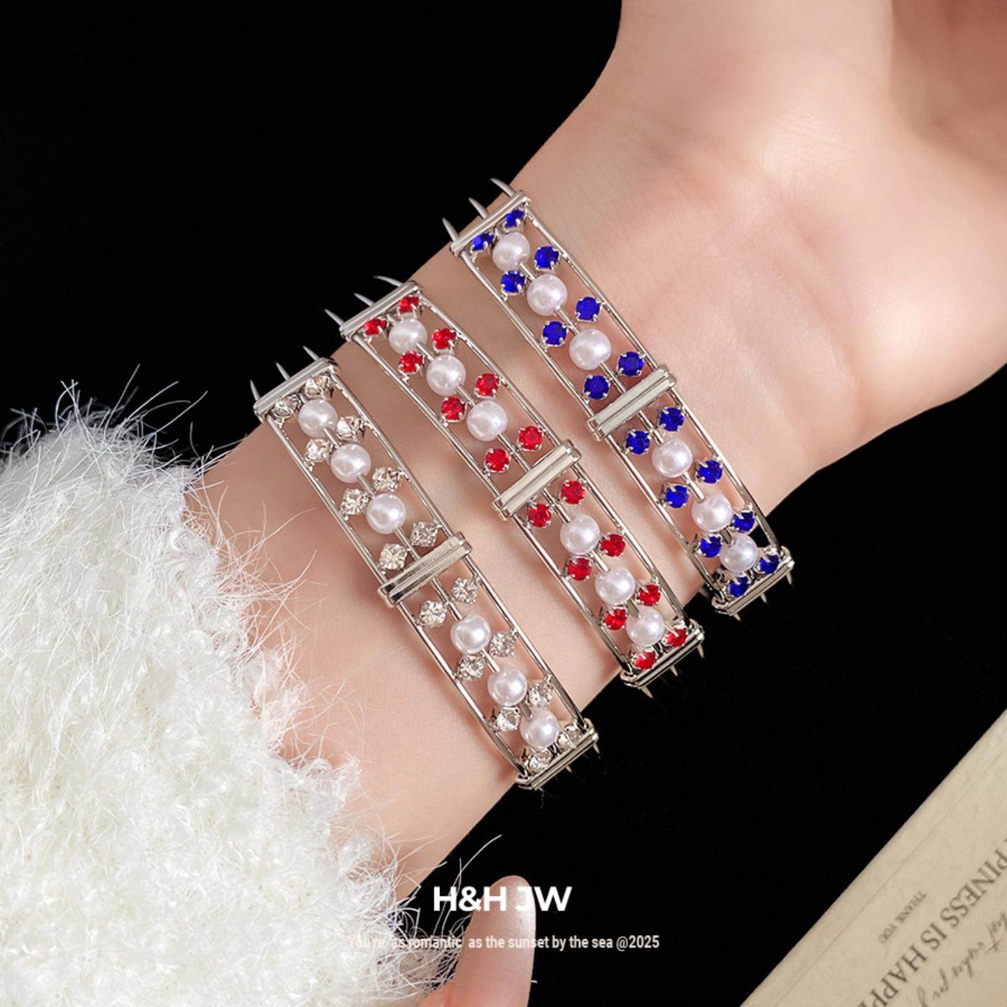 镶钻珍珠三层开口手镯欧美ins风复古百搭手环轻奢高级感手饰