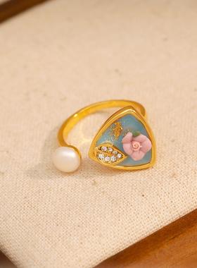 中古风VINTAGE立体树脂花朵开口戒个性几何三角蓝色滴釉珍珠戒指