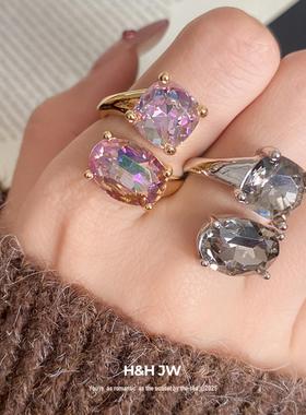 锆石椭圆形扭曲开口戒指轻奢高级感食指戒时尚个性通勤百搭手饰女