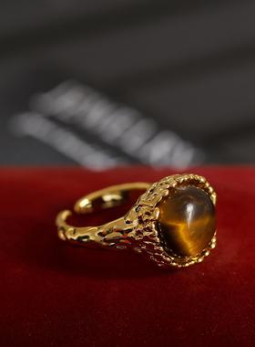 中古系列天然虎眼石开口戒Vintage小众设计高级时尚个性活口戒指