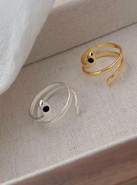 高级感法式复古S925纯银灵蛇缠绕戒指镶钻复古小众设计活口戒女