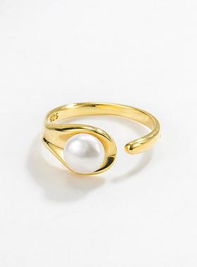 韩国韩版复古S925纯银天然珍珠戒指女冷淡风时尚个性开口戒