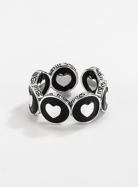 重工S925纯银爱心涂鸦珐琅滴胶工艺黑色元素戒指韩版ins性冷淡风