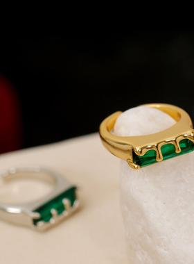 复古祖母绿合成锆石戒指女 ins港风轻奢气质指环高级感开口戒指