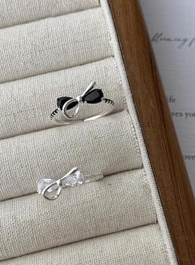 S925纯银蝴蝶结戒指女轻奢时尚小众镶钻指环极简百搭开口可调节