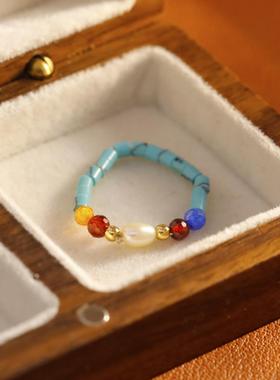 极细天然绿松石戒指女轻奢高级感小众设计淡水珍珠指环2025年新款