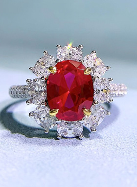 复古欧美蛋形鸽子蛋椭圆形仿真2克拉宝石红太阳花钻戒指S925银女