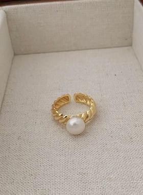 欧美气质优雅chic风几何S925纯银天然珍珠麻花设计造型戒指女生