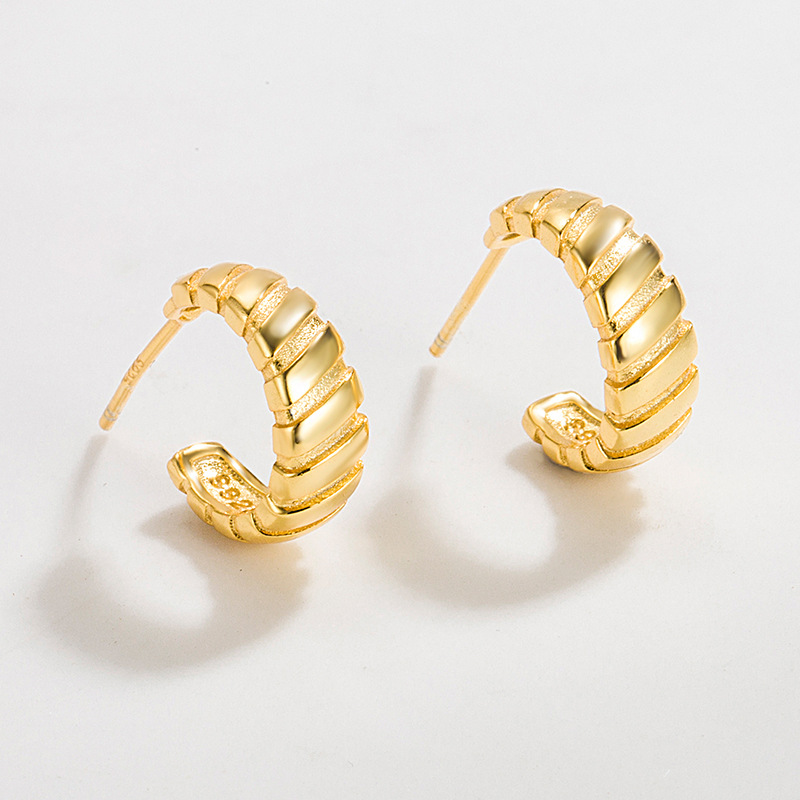 港风欧美牛角包耳环复古S925纯银耳饰品ins风性冷淡简约金色耳钉