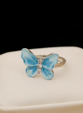原创珐琅蓝色蝴蝶戒指女小众设计食指2024新款爆款轻奢高级感指环