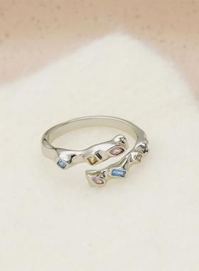 韩版彩色绚丽锆石交叉戒指 高级感时尚个性食指戒开口可调节指环