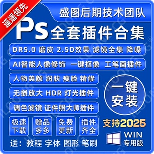 PS插件合集全套一键安装 滤镜DR5磨皮美白精修抠图降噪中文2026win