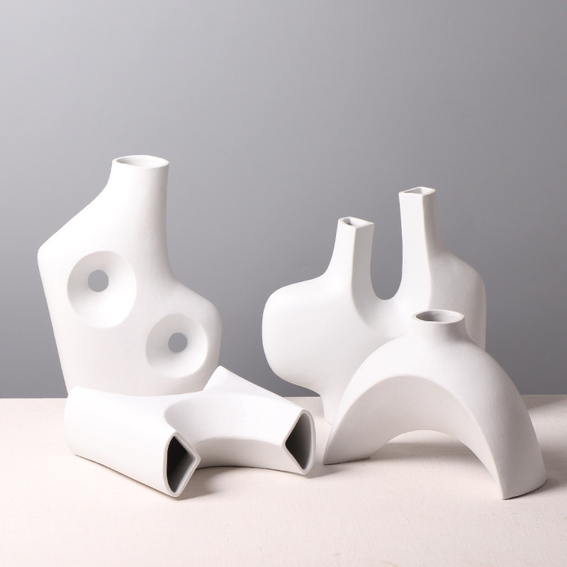北欧简约创意陶瓷花瓶 客厅样板房插花装饰品 黑白色酒店台面摆件