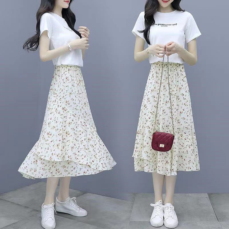 单件/套装 雪纺连衣裙套装女夏季时尚今年流行气质碎花裙子两件套