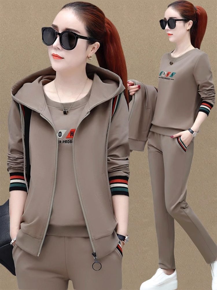 春秋季马甲三件套女2026新款韩版长袖连帽卫衣大码宽松运动服套装