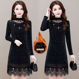 蕾丝秋冬中长款加厚打底新款妈妈时尚大衣显瘦加绒保暖洋气连衣裙
