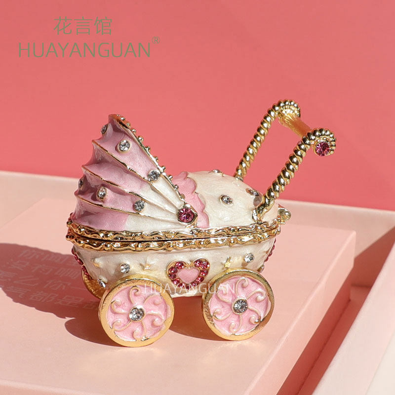 婴儿车耳钉首饰盒家居摆件金属婴儿推车合金桌面乳牙首饰盒盒礼品