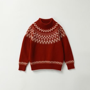 儿童菲尔岛羊绒衫冬季新款欧式提花半高领男女童红色保暖舒适毛衣