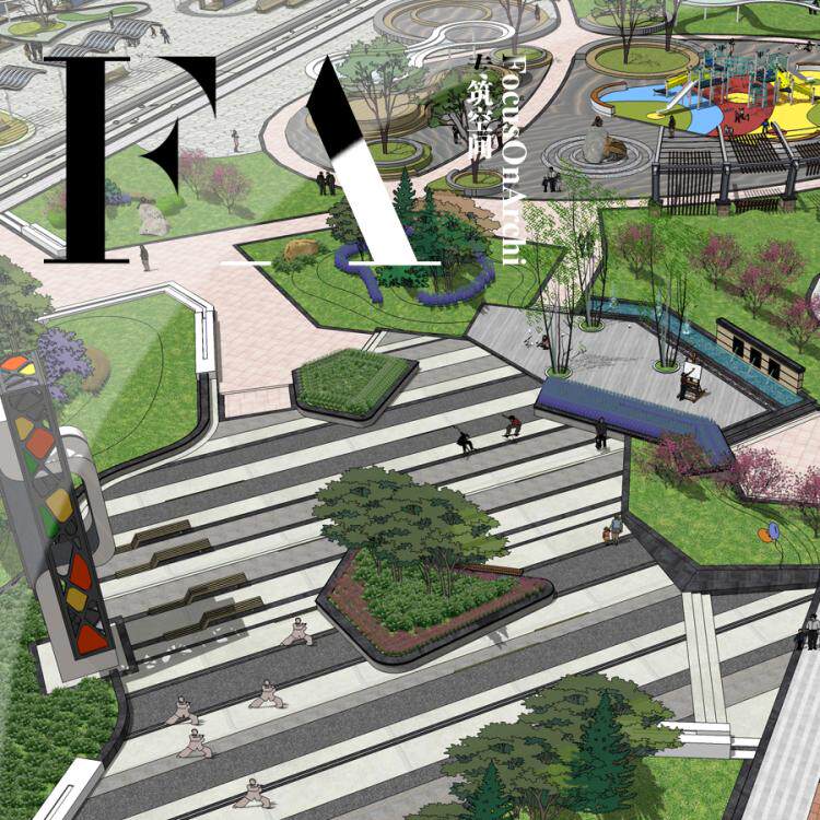 草图大师综合运动休闲儿童公园广场园林景观方案设计SU模型素材库