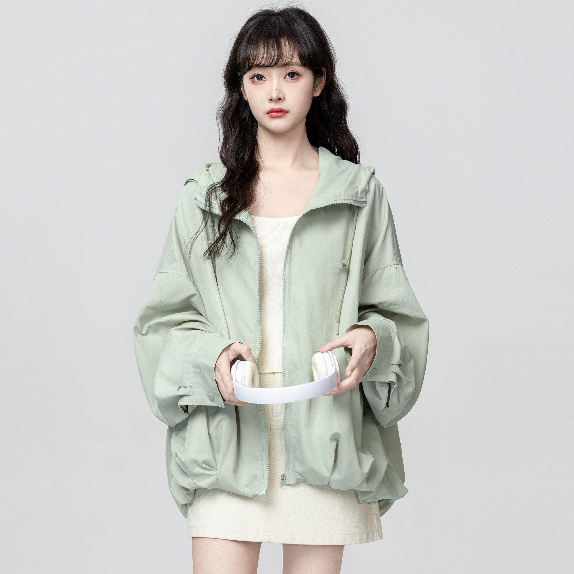 绿色连帽防晒外套女薄款春秋2026春季新款宽松慵懒防晒服开衫上衣
