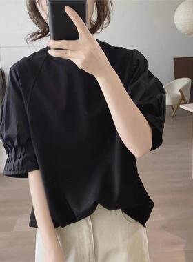 法式设计感泡泡袖白色正肩短袖t恤女夏季新款高级感宽松半袖上衣