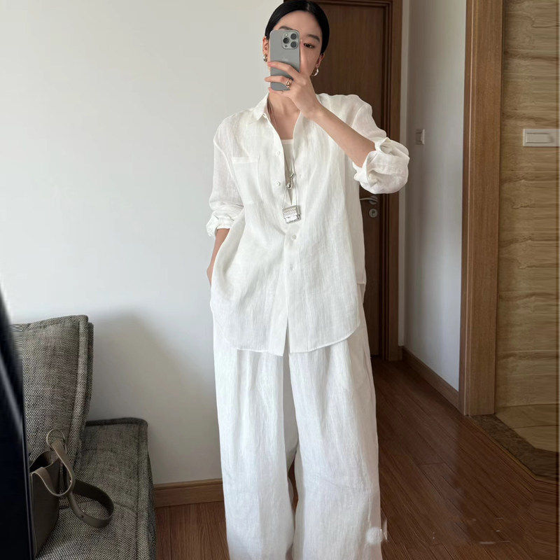 白色亚麻套装女夏季新款防晒衬衫棉麻裤子松弛慵懒宽松老钱风衬衫