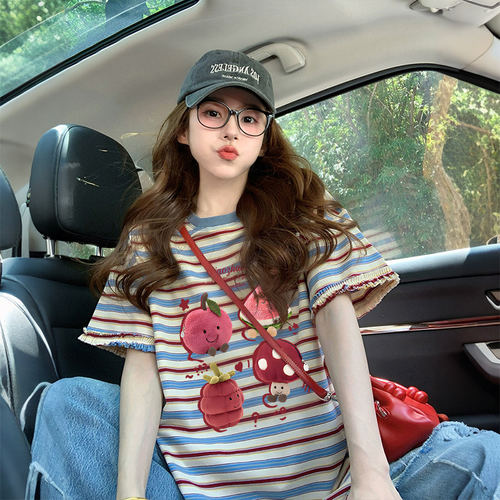 纯棉花边条纹短袖T恤女20