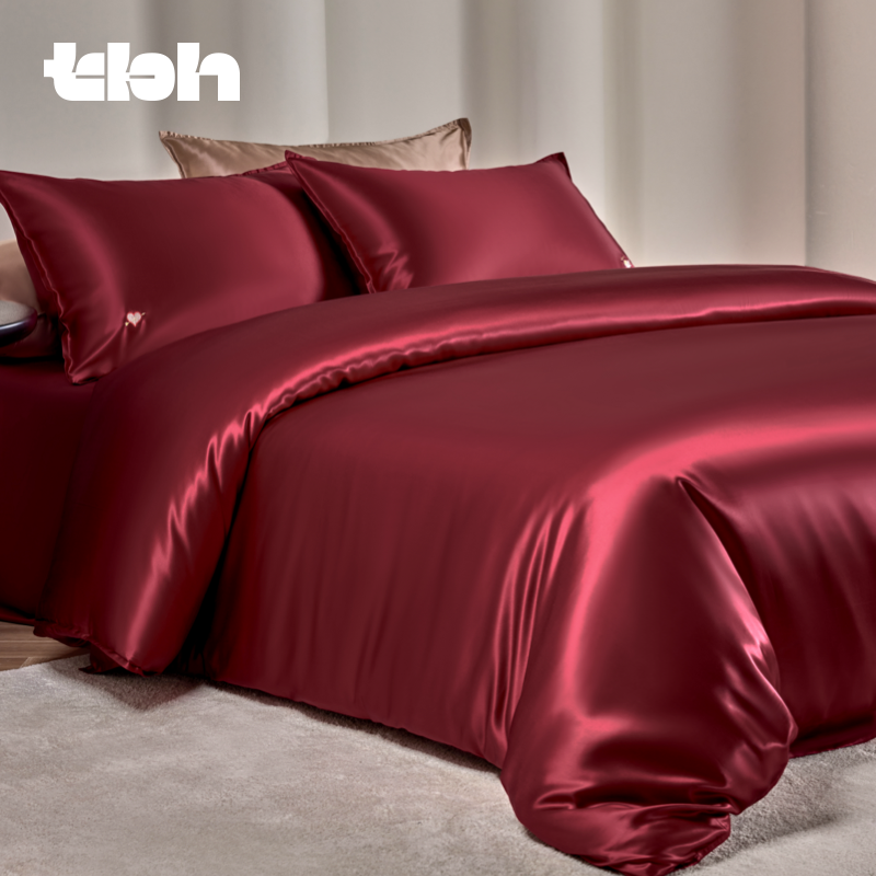 tbh野兽派家居家纺小爱神红色刺绣真丝四件套轻奢婚庆床上用品