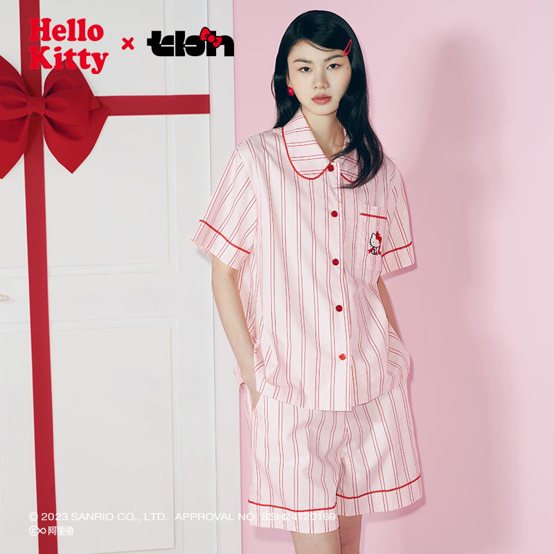 tbh野兽派家居Hello Kitty天丝棉家居服套装四季可外穿条纹睡衣女