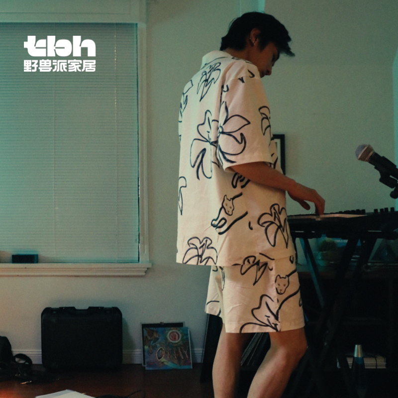 tbh野兽派家居都市野兽黑豹与百合天丝棉短款家居服四季情侣睡衣