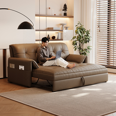 复古多功能一体真皮实木沙发床