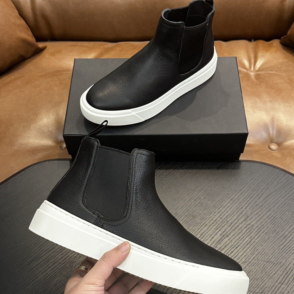 Kiton秋冬款潮流百搭一脚蹬运动懒人鞋休闲时尚高帮男鞋皮面厚底