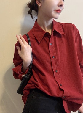 字母刺绣polo领红色长袖衬衫女2026早春新款气质单排扣衬衣上衣