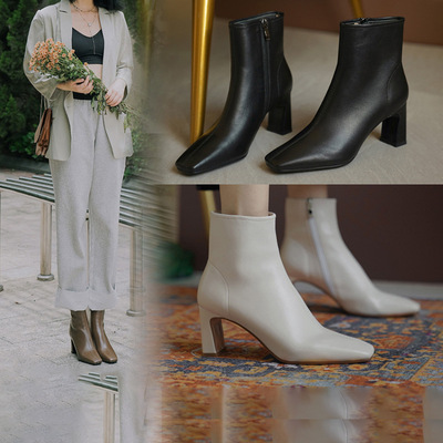 羊皮粗跟短靴女春秋单靴法式高跟鞋瘦瘦靴马丁小方头白色女靴