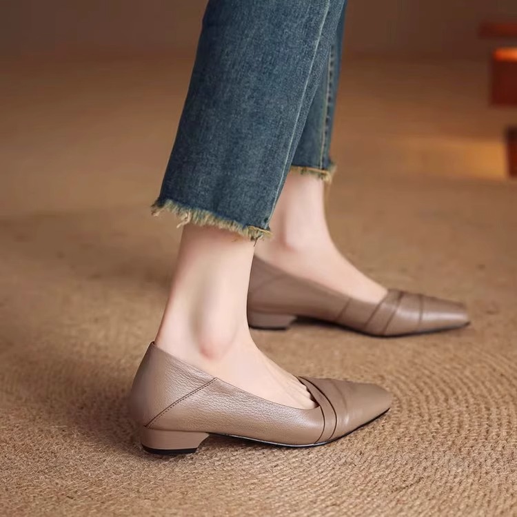 羊皮真皮法式复古粗跟方头单鞋女
