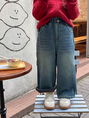 女童牛仔裤加绒一体绒秋直筒保暖