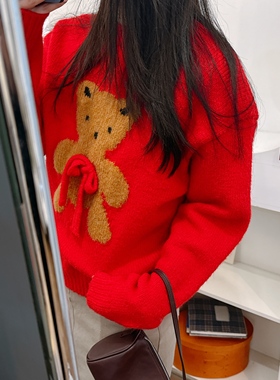 特价不退不换现货韩国2025年冬季蝴蝶结可爱小熊毛衣红色圣诞毛衣