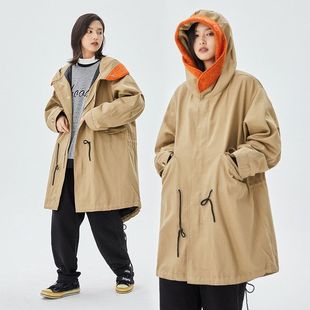 重磅纯棉人字纹工装风衣外套男女春秋连帽鱼尾派克服中长款大衣潮