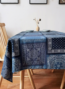 丽江民族风棉麻蓝印花桌布复古餐桌布茶几台布长方形盖布民宿餐厅