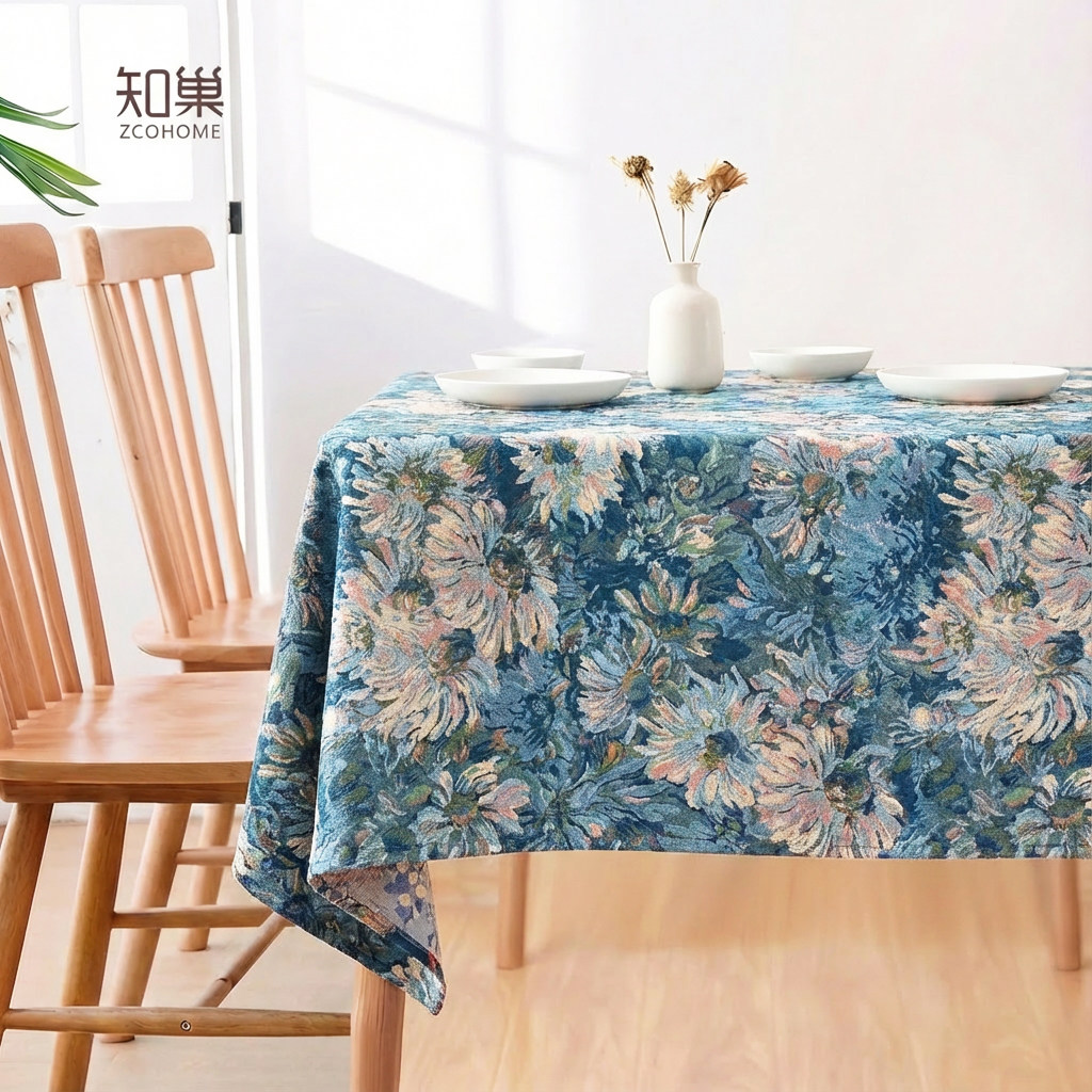 轻奢复古提花油画感餐桌布莫奈花园向日葵桌布餐桌布茶几布台布