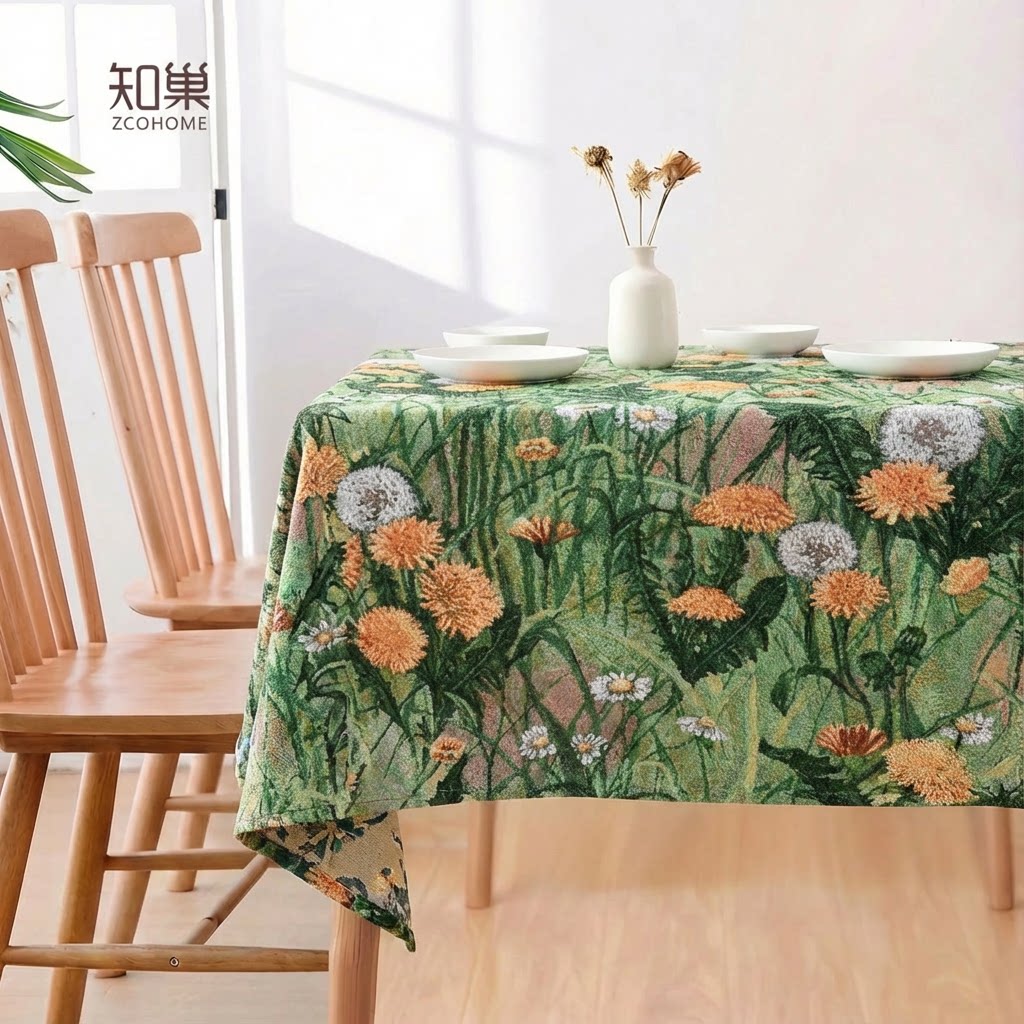 美式乡村餐桌布家用长方形茶几布盖布艺田园风油画感绿色装饰台布