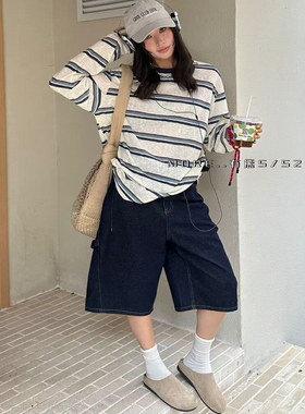 2025夏季新款More.有熊韩系圆领条纹宽松休闲防晒长袖T恤上衣女