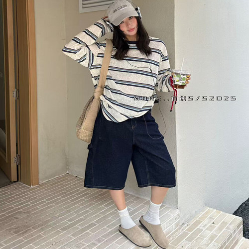 圆领条纹防晒宽松休闲长袖T恤女