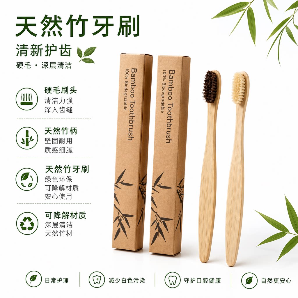 环保牙刷猪鬃毛可降解硬毛牙刷竹子环保马毛刷丝去烟渍