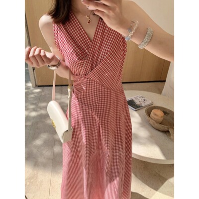 收腰连衣裙女夏季长裙子无袖V领