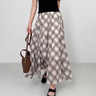 法式不规则格子半身裙女25春夏纺纱温柔飘逸高级垂感浅咖格纹长裙